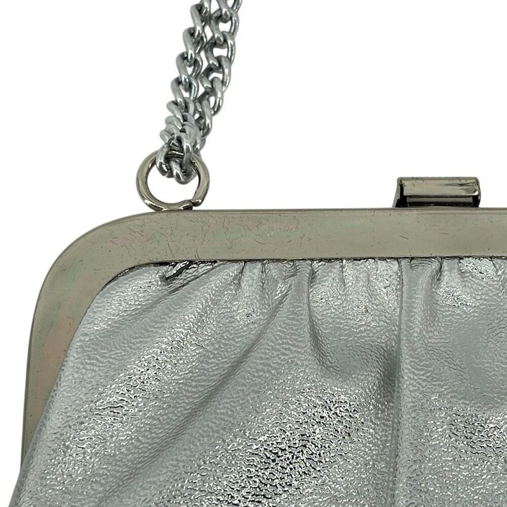 Vintage Metallic Silver Scalloped Frame Evening Bag Chain Shoulder Strap - Picture 5 of 16